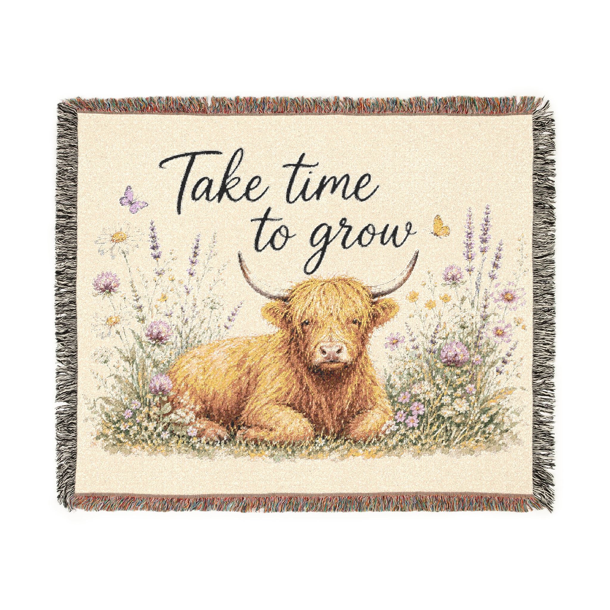 Highland Cow 'Take Time to Grow' Woven Blanket | Floral Cottagecore Throw