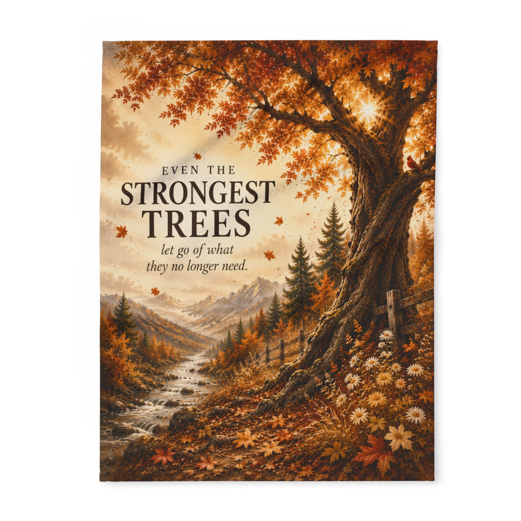 Autumn Woodland Fleece Blanket — “Even the Strongest Trees” Inspirational Fall Throw