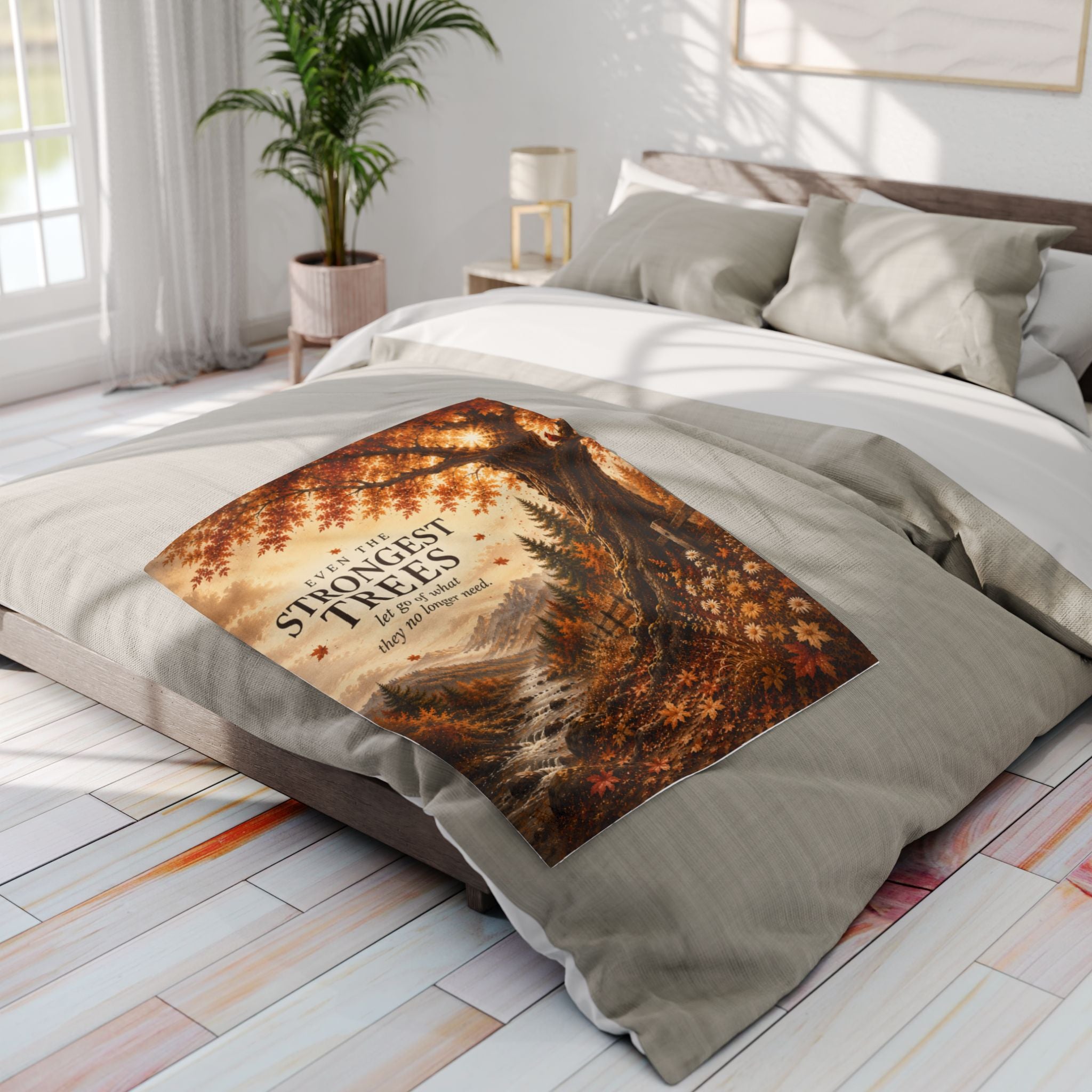 Autumn Woodland Fleece Blanket — “Even the Strongest Trees” Inspirational Fall Throw