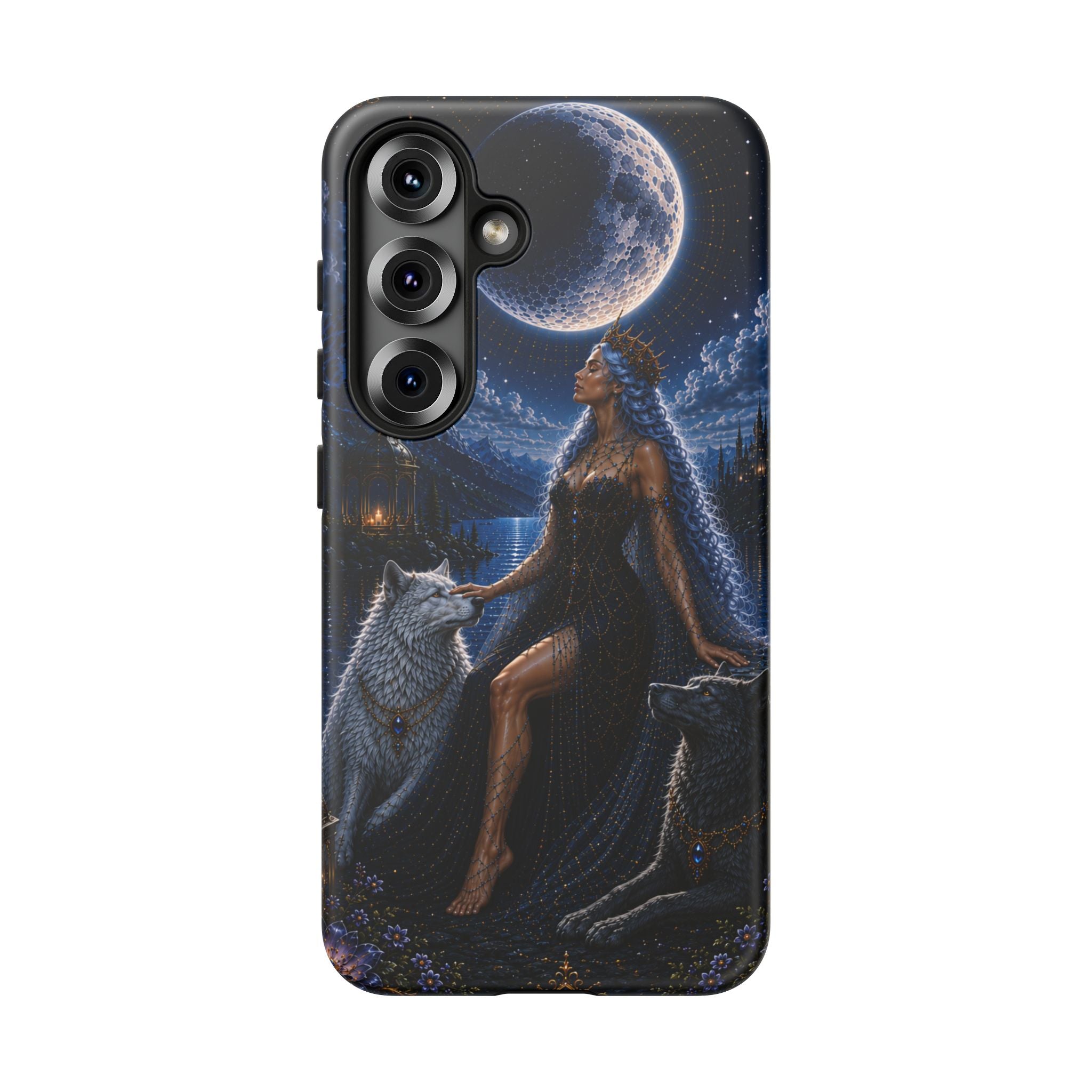 Moon Goddess with Wolves phone case | Celestial fantasy iPhone and Samsung cover