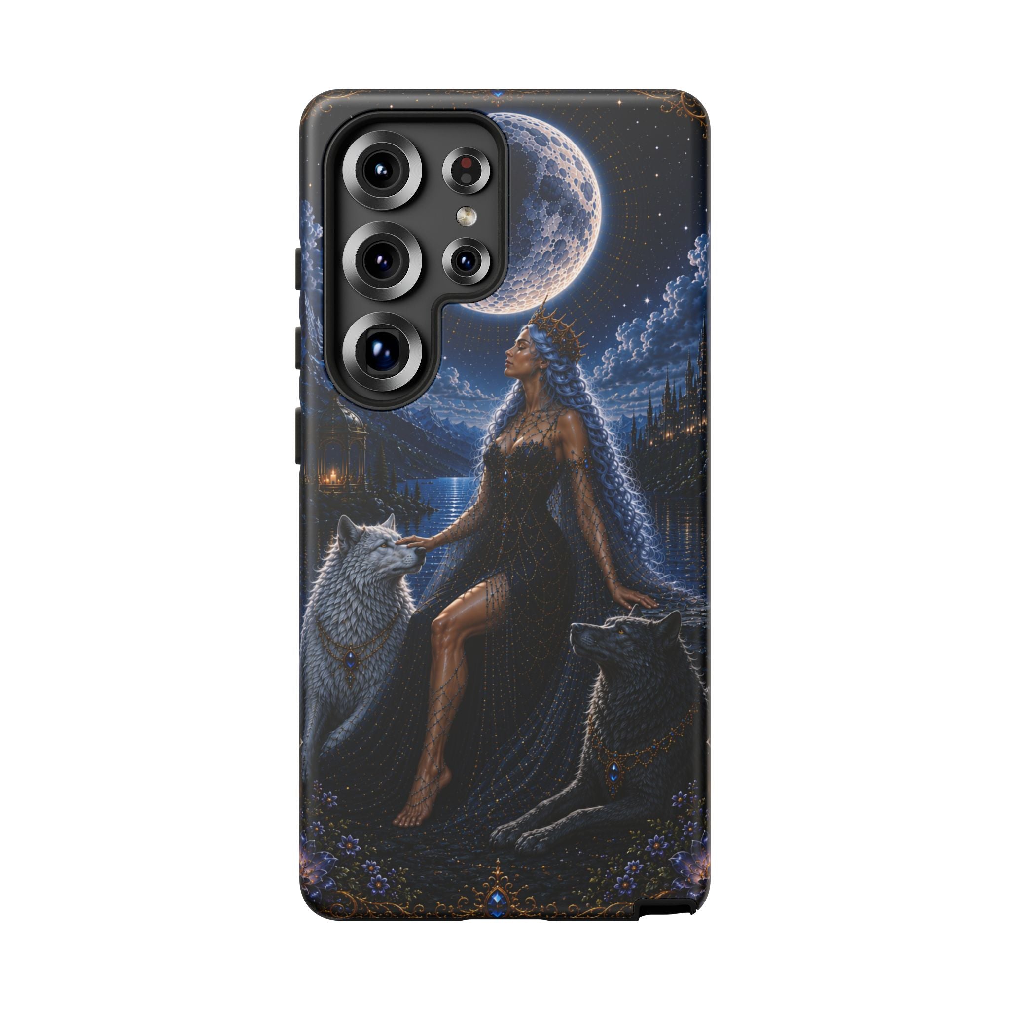 Moon Goddess with Wolves phone case | Celestial fantasy iPhone and Samsung cover