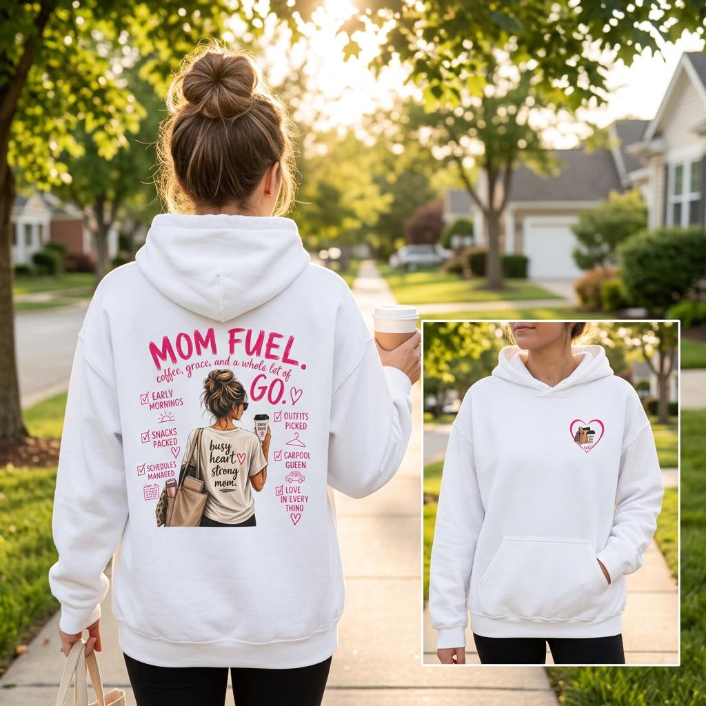 Mom Fuel Hoodie | Coffee Heart Graphic, Mom Life Illustration