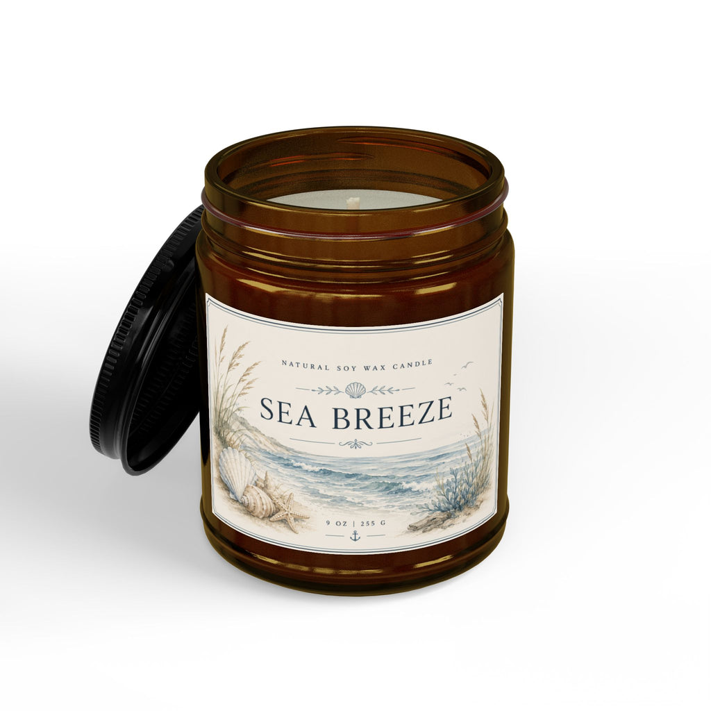 Sea Breeze Soy Candle — Scented Amber Jar with Black Lid (4oz & 9oz)