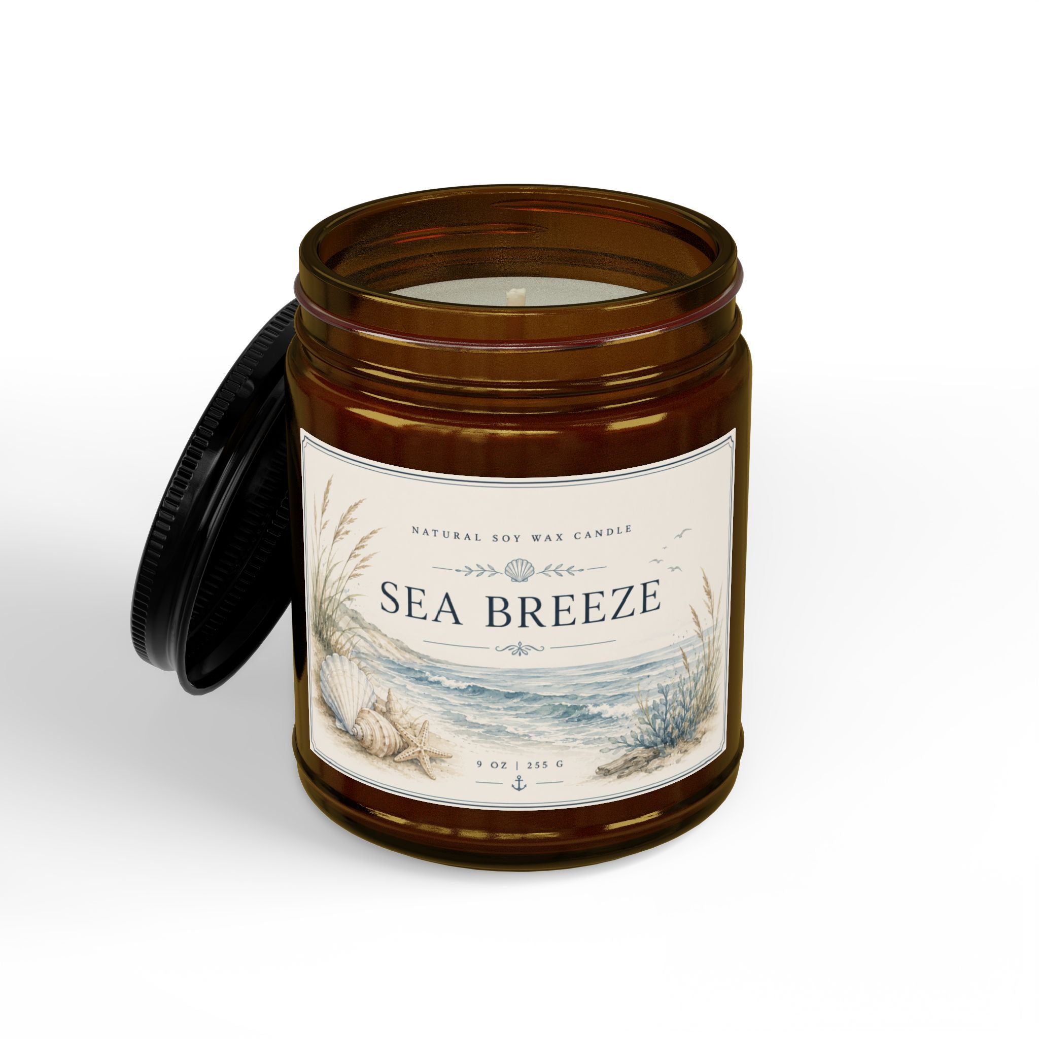 Sea Breeze Soy Candle — Scented Amber Jar with Black Lid (4oz & 9oz)