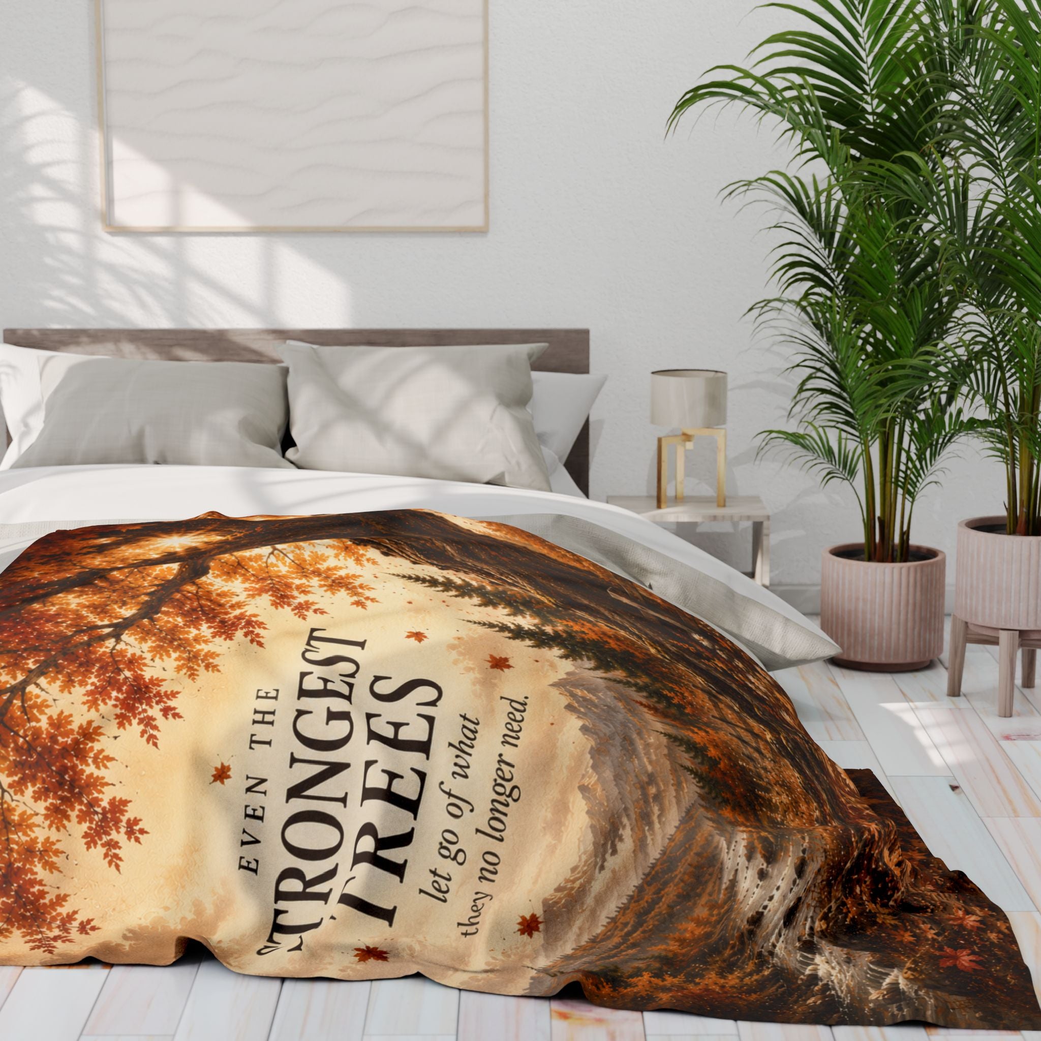 Autumn Woodland Fleece Blanket — “Even the Strongest Trees” Inspirational Fall Throw