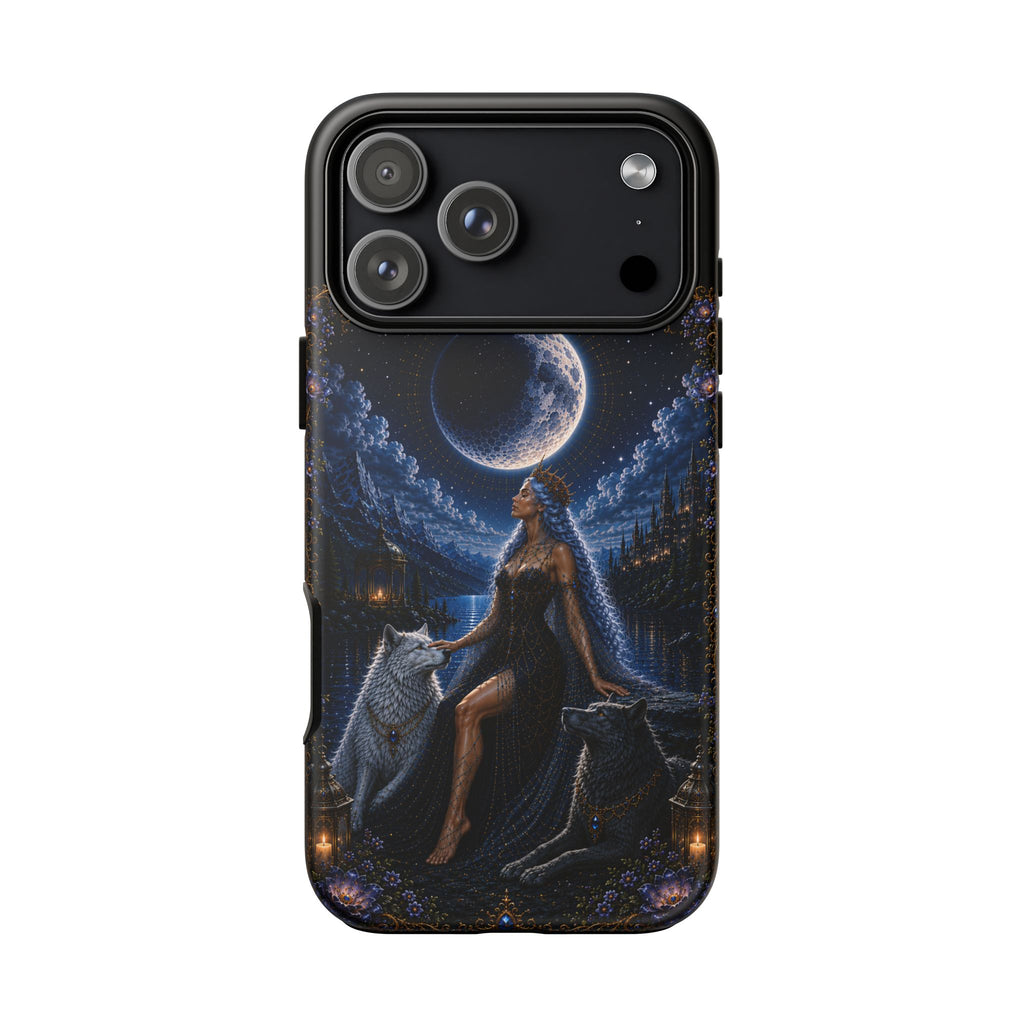 Moon Goddess with Wolves phone case | Celestial fantasy iPhone and Samsung cover
