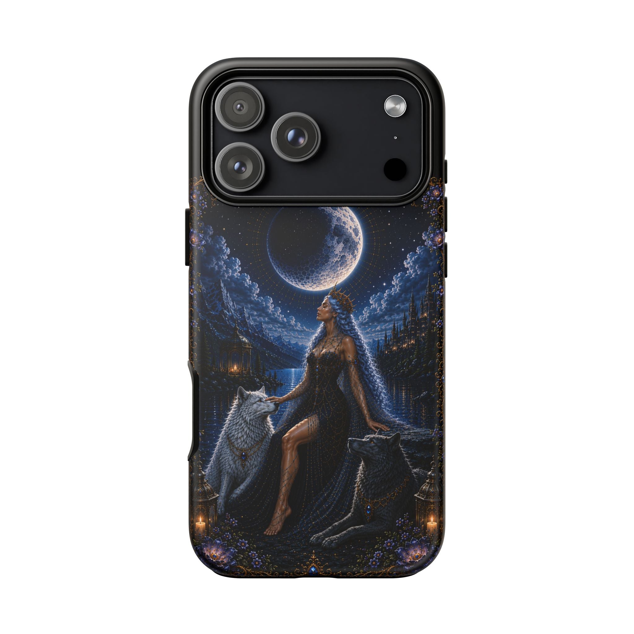 Moon Goddess with Wolves phone case | Celestial fantasy iPhone and Samsung cover