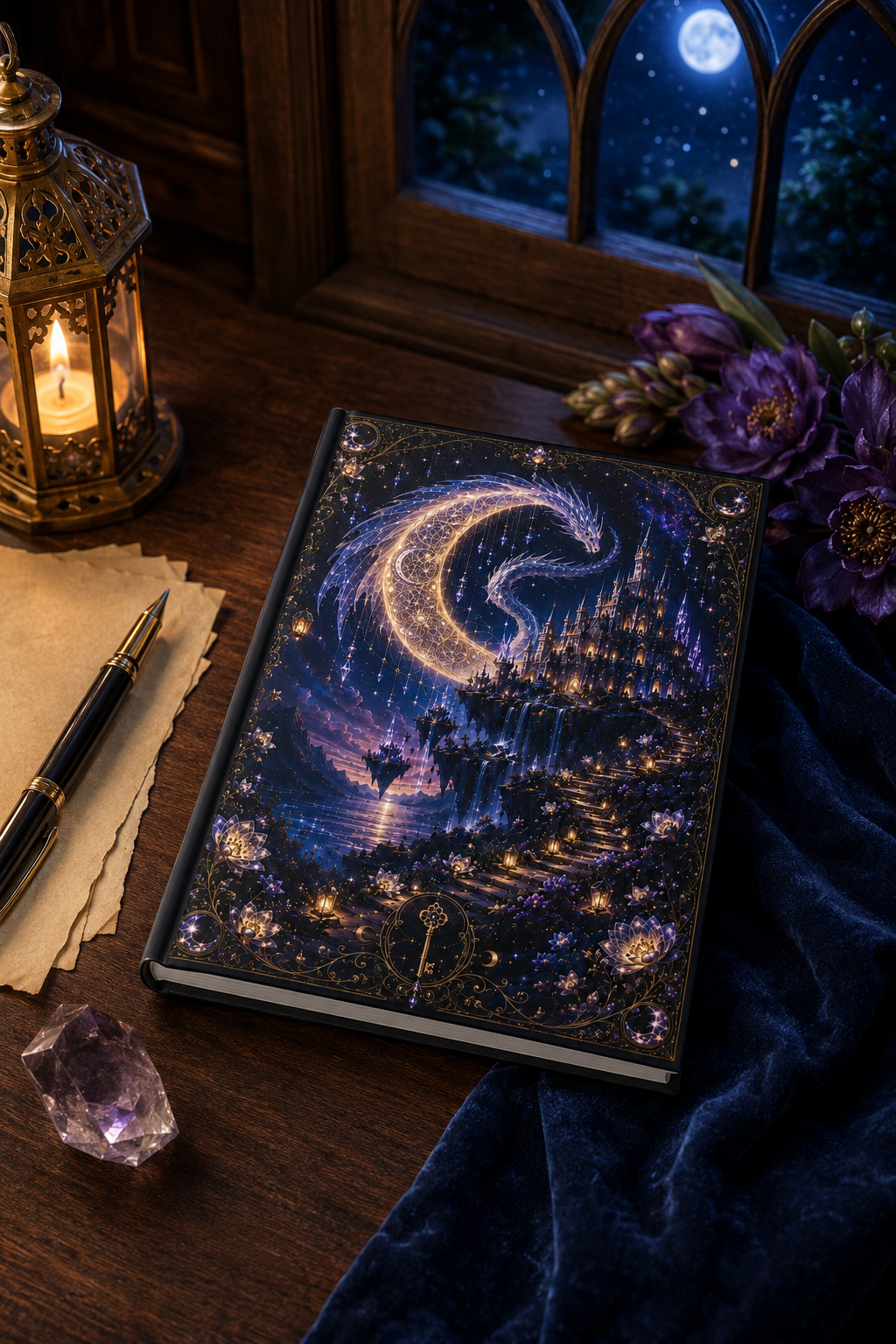 Celestial Moonlit Fantasy Hardcover Journal – Starry Night Dreamscape Notebook