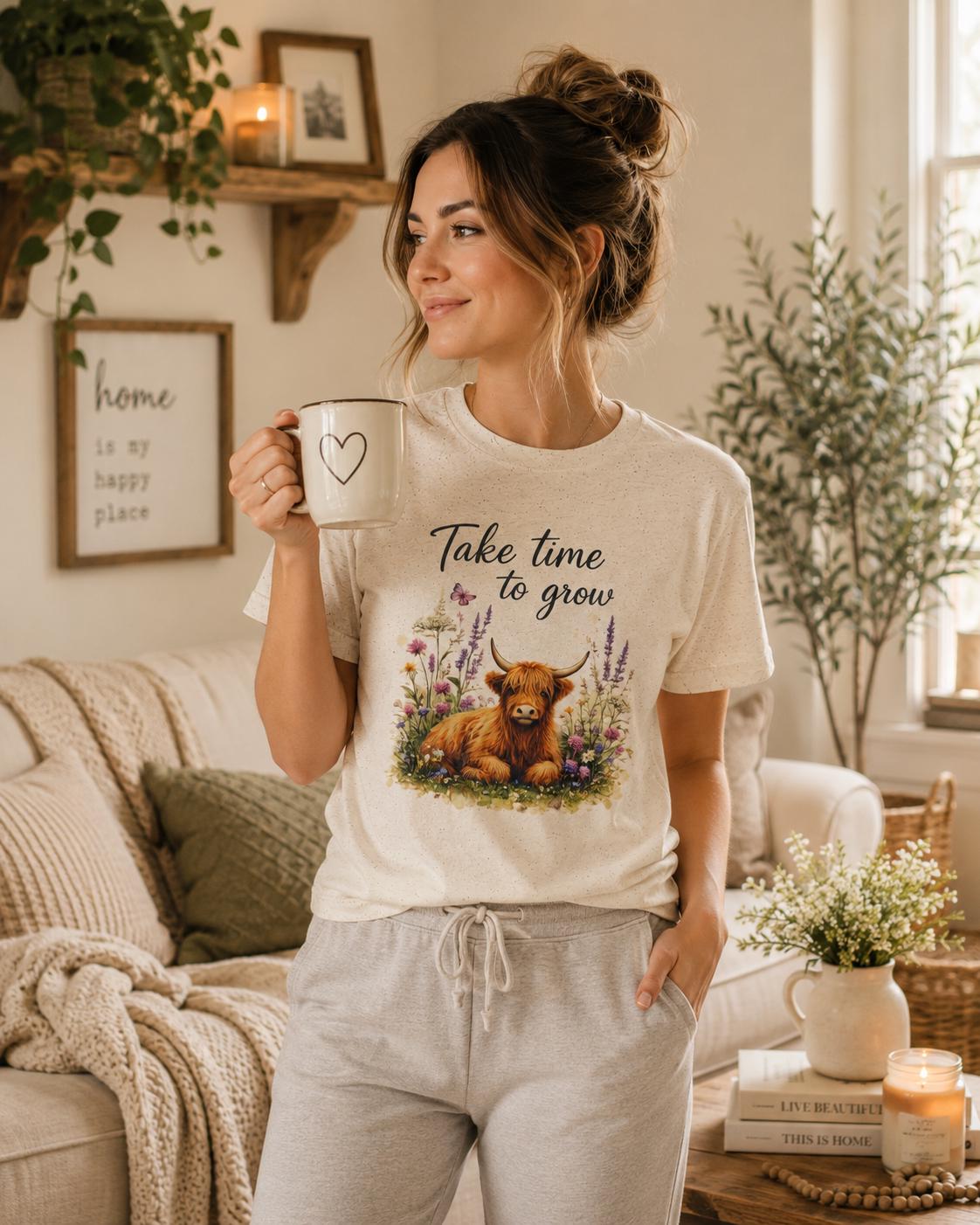 Take Time to Grow T-Shirt | Highland Cow Floral Design