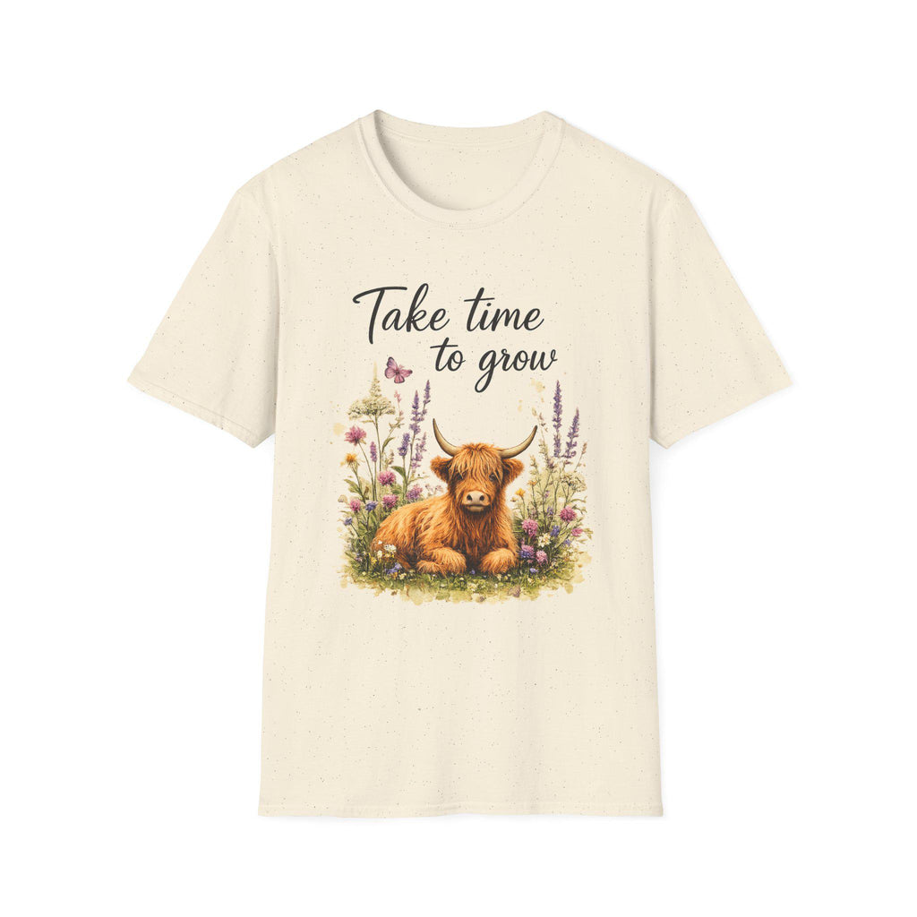 Take Time to Grow T-Shirt | Highland Cow Floral Design