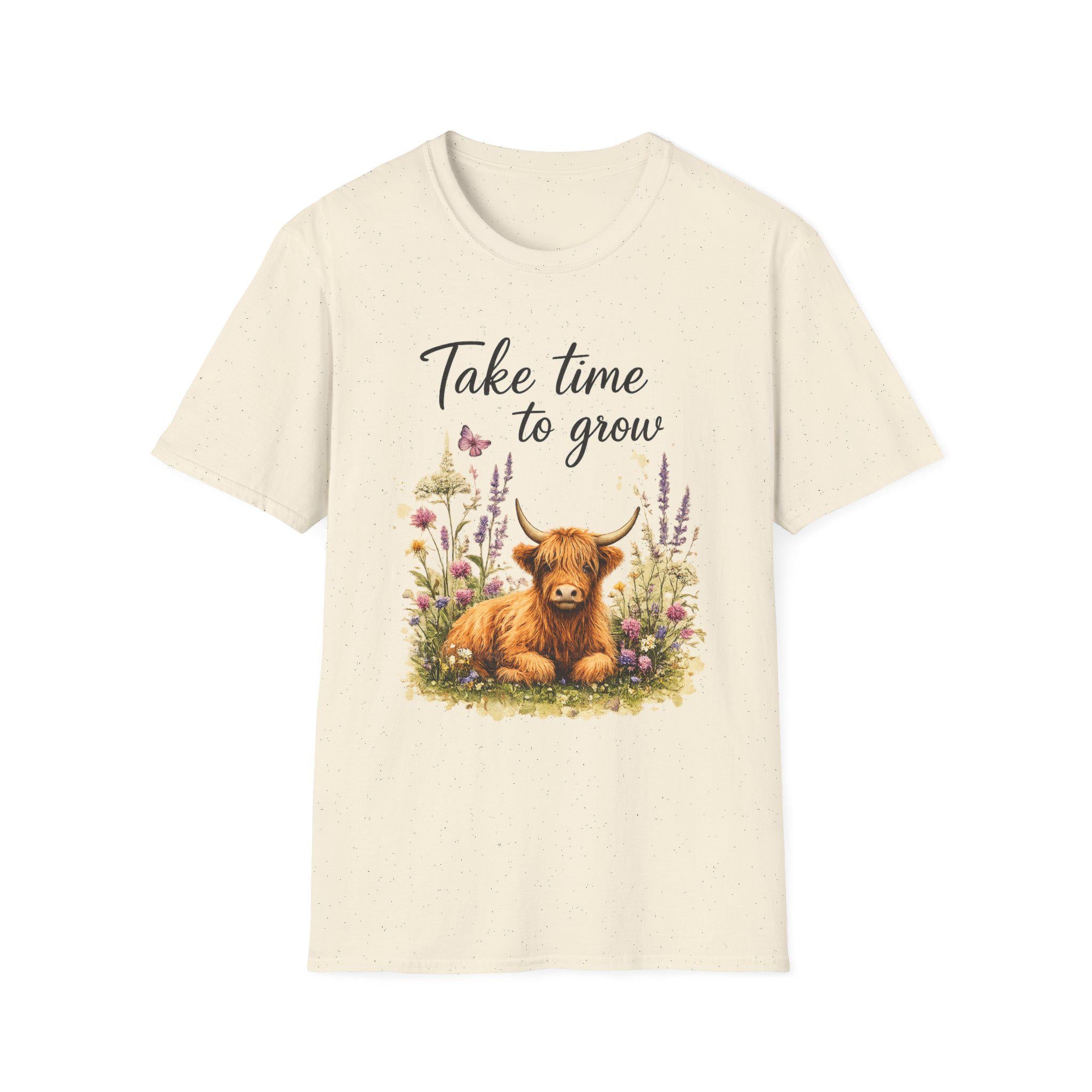 Take Time to Grow T-Shirt | Highland Cow Floral Design