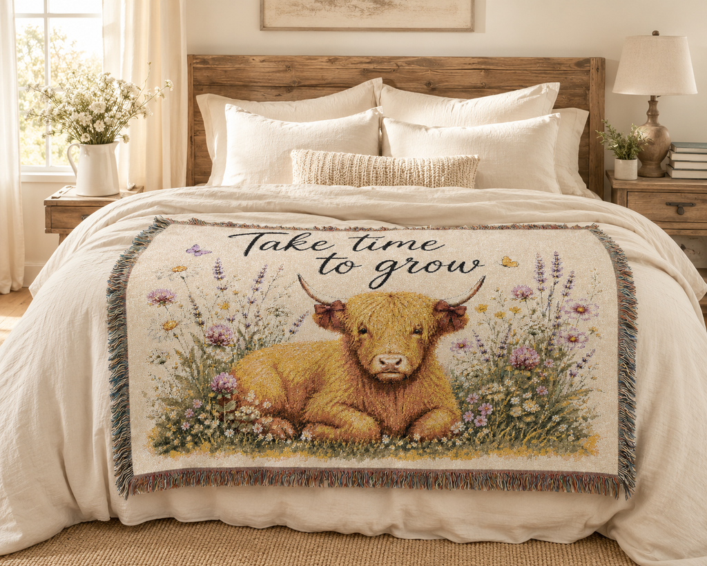 Take Time To Grow Woven Blanket — Cozy Highland Calf Throw for Nursery, Farmhouse & Gift