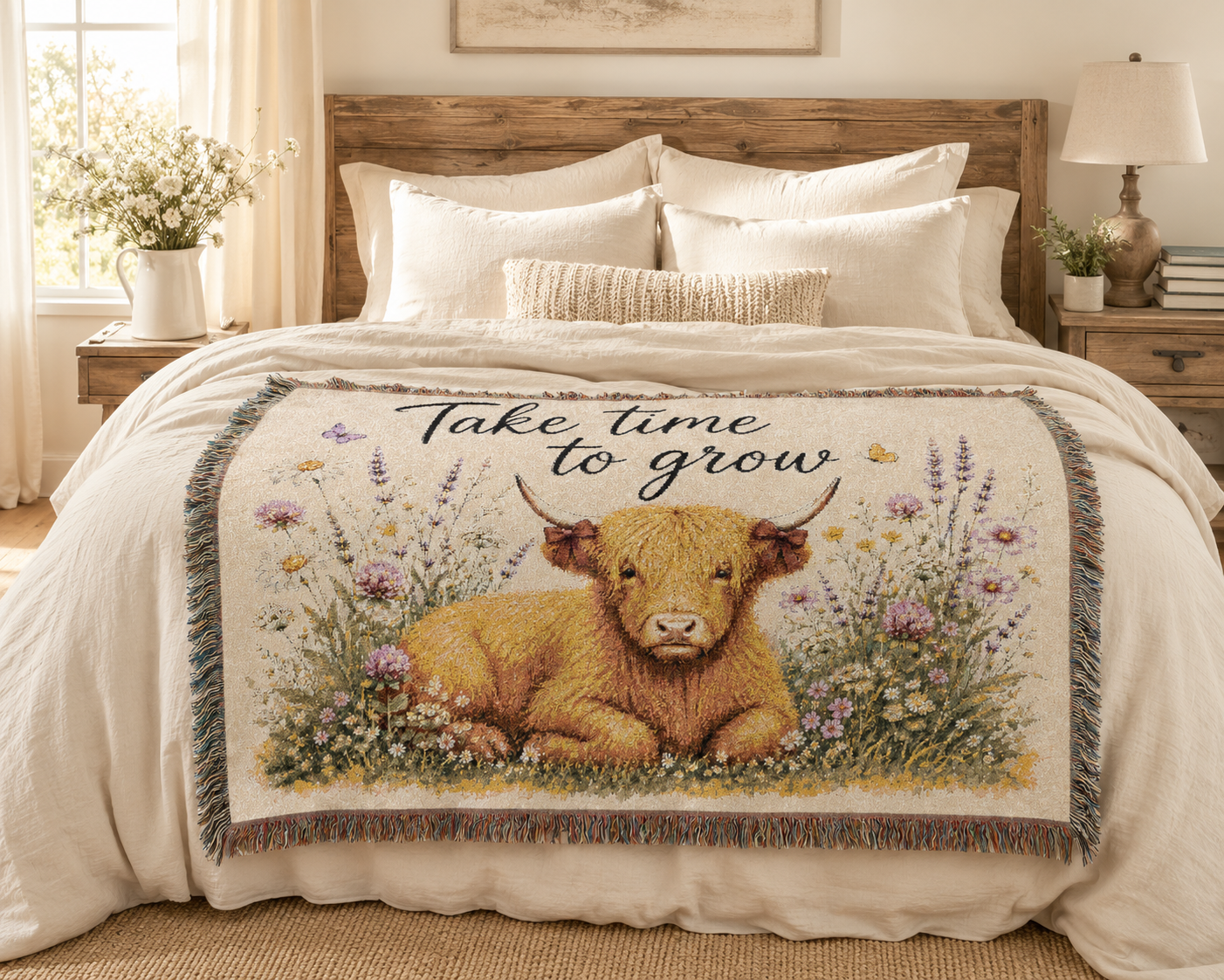 Take Time To Grow Woven Blanket — Cozy Highland Calf Throw for Nursery, Farmhouse & Gift