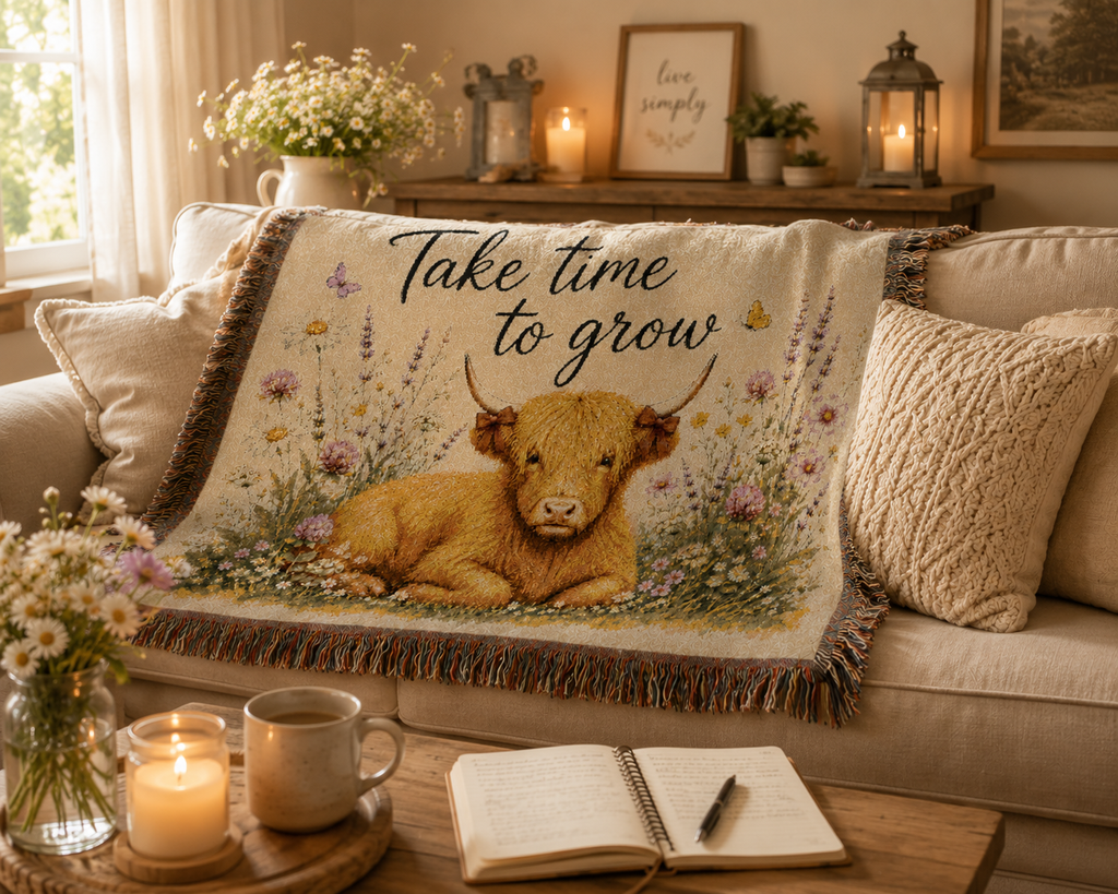 Take Time To Grow Woven Blanket — Cozy Highland Calf Throw for Nursery, Farmhouse & Gift