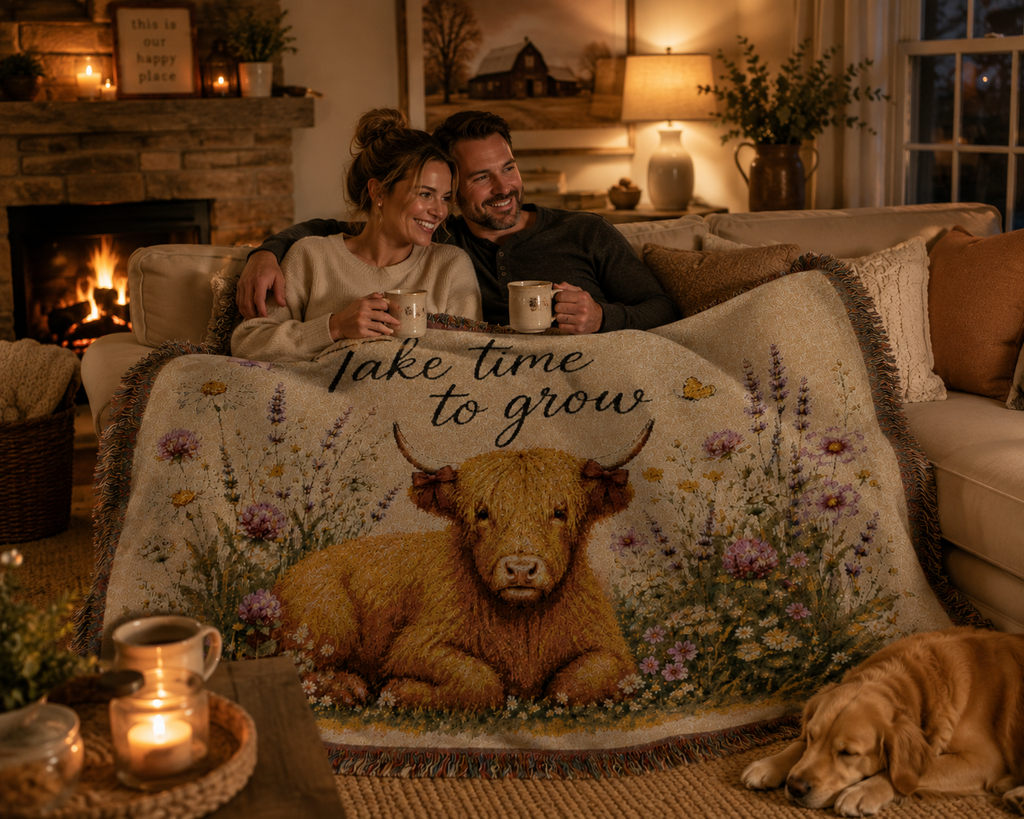 Take Time To Grow Woven Blanket — Cozy Highland Calf Throw for Nursery, Farmhouse & Gift