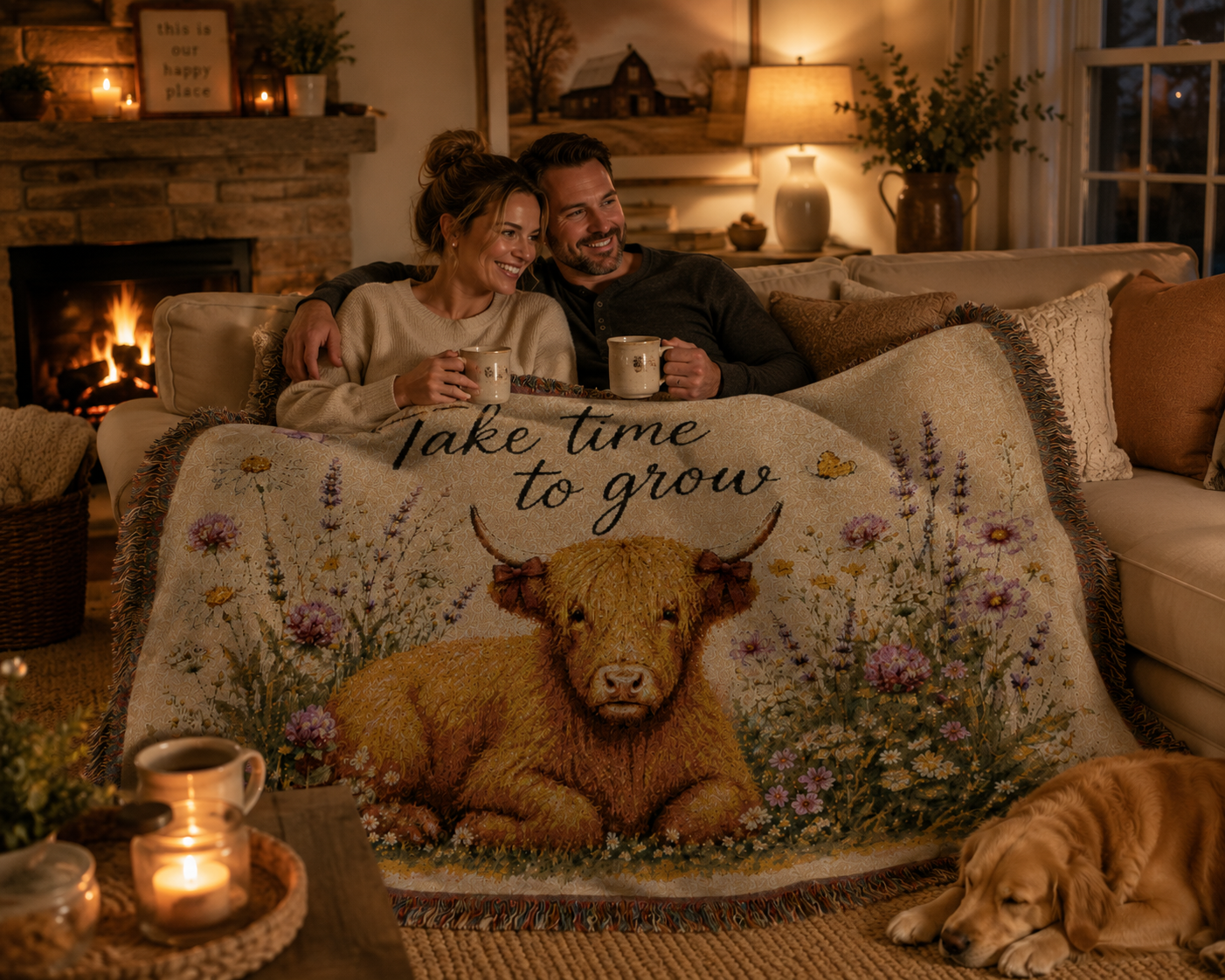 Take Time To Grow Woven Blanket — Cozy Highland Calf Throw for Nursery, Farmhouse & Gift