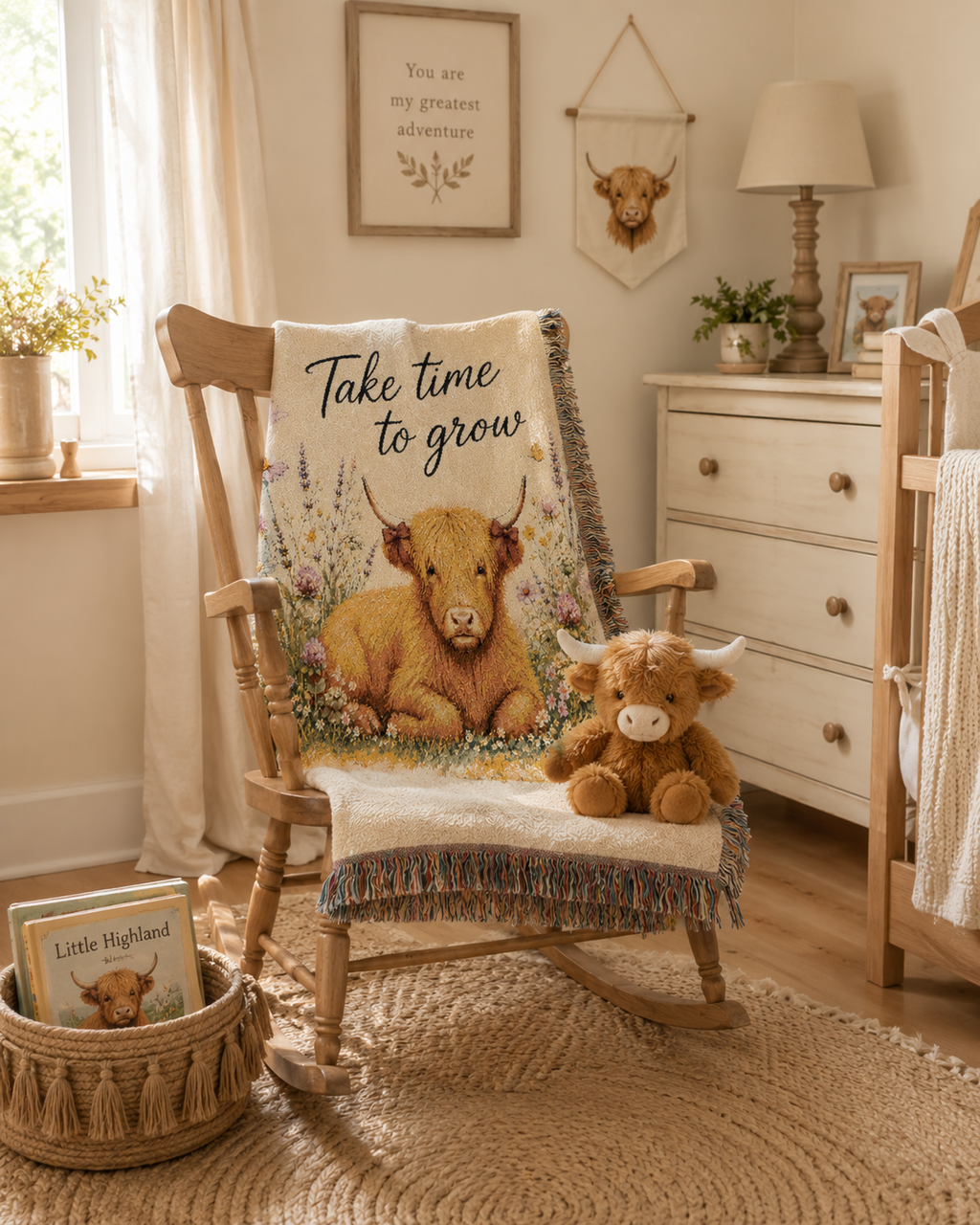 Take Time To Grow Woven Blanket — Cozy Highland Calf Throw for Nursery, Farmhouse & Gift