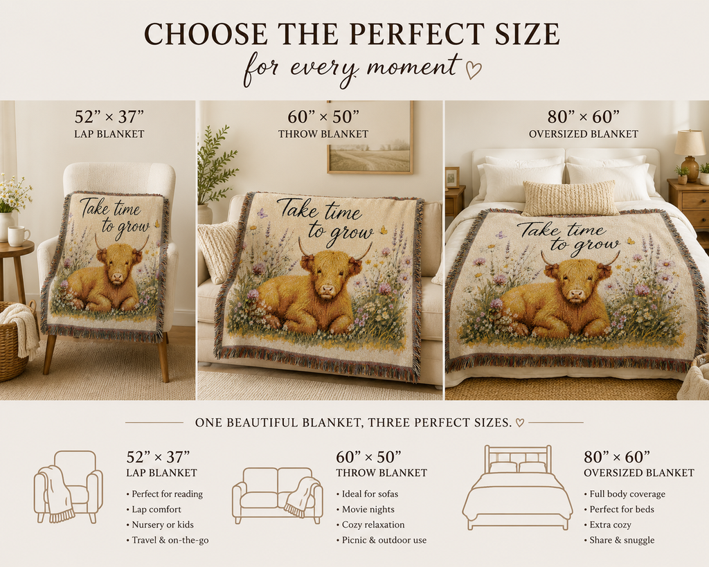 Take Time To Grow Woven Blanket — Cozy Highland Calf Throw for Nursery, Farmhouse & Gift