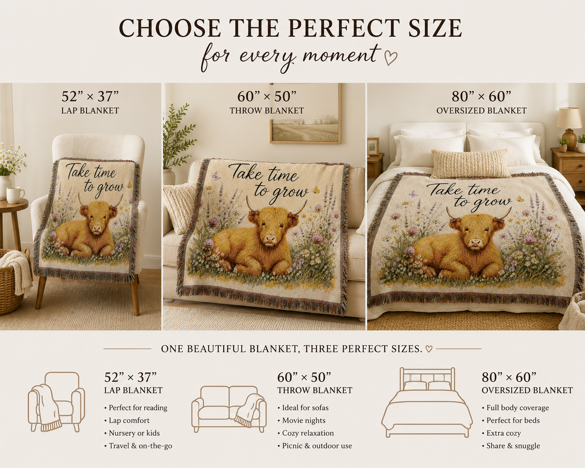 Take Time To Grow Woven Blanket — Cozy Highland Calf Throw for Nursery, Farmhouse & Gift