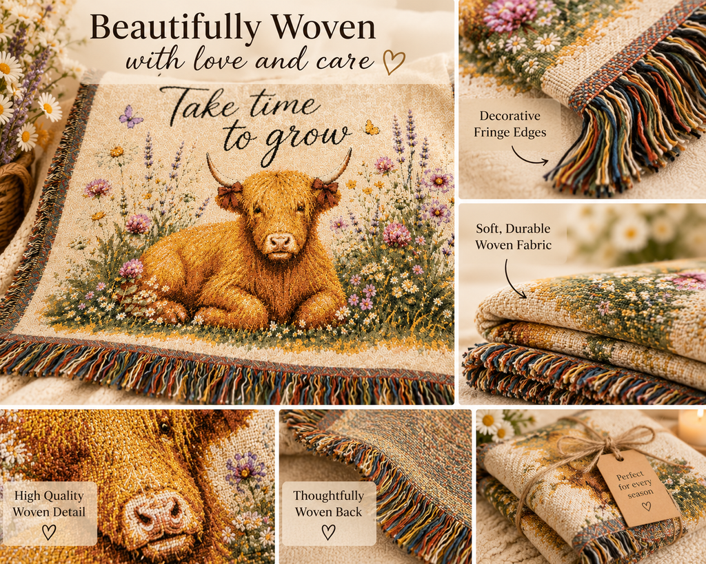 Take Time To Grow Woven Blanket — Cozy Highland Calf Throw for Nursery, Farmhouse & Gift