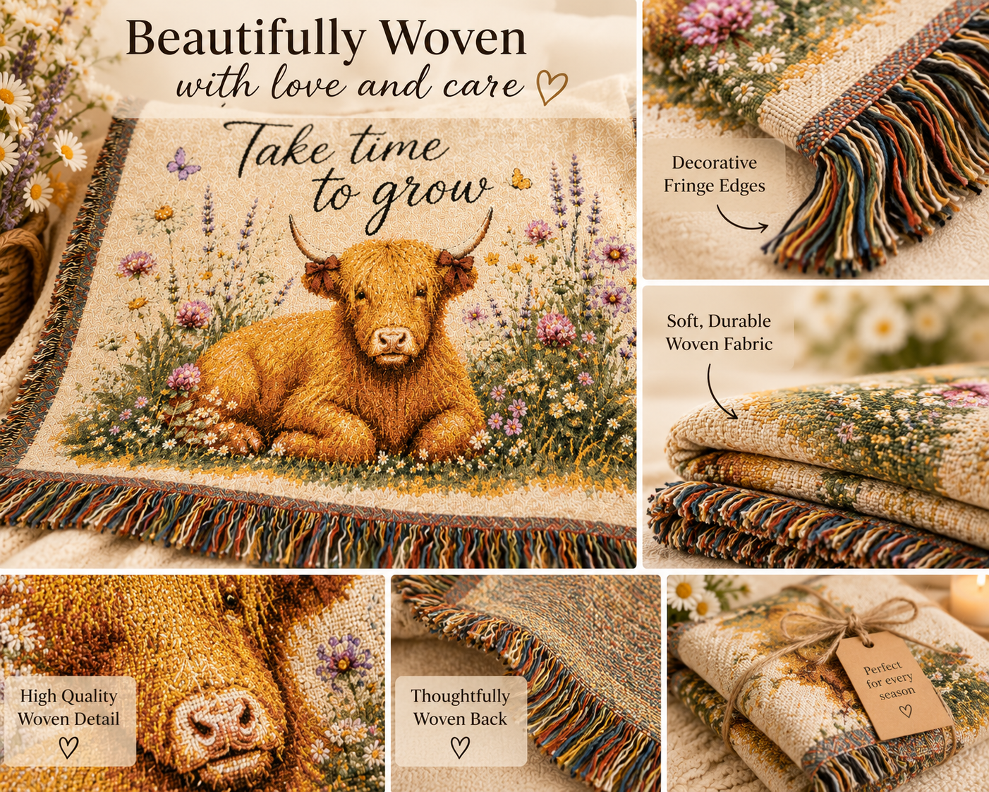 Take Time To Grow Woven Blanket — Cozy Highland Calf Throw for Nursery, Farmhouse & Gift