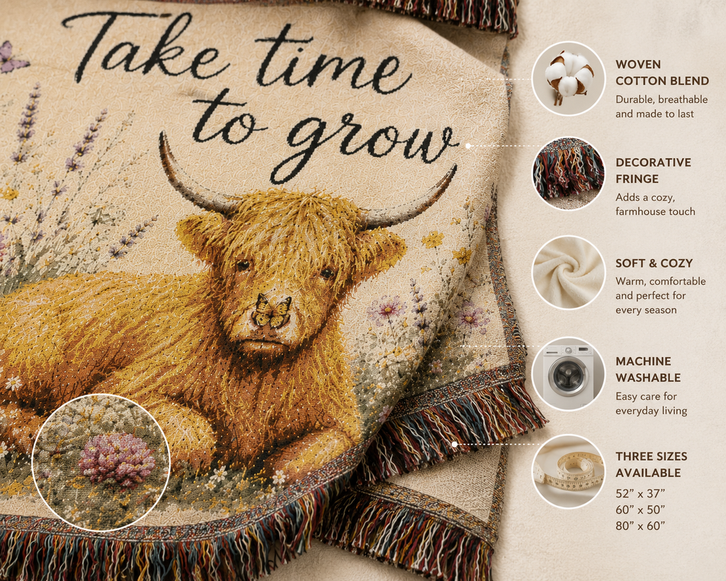 Take Time to Grow Woven Blanket — Highland Calf Tapestry Throw