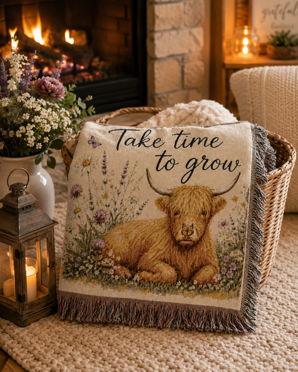 Take Time to Grow Woven Blanket — Highland Calf Tapestry Throw