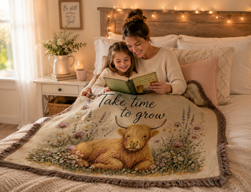 Take Time to Grow Woven Blanket — Highland Calf Tapestry Throw