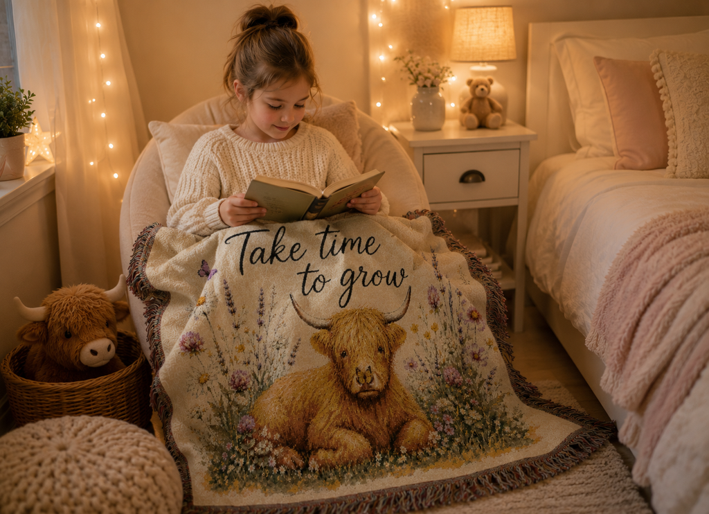 Take Time to Grow Woven Blanket — Highland Calf Tapestry Throw