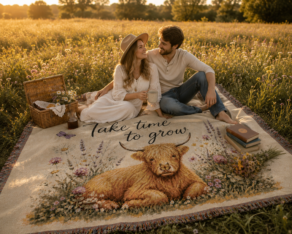 Take Time to Grow Woven Blanket — Highland Calf Tapestry Throw