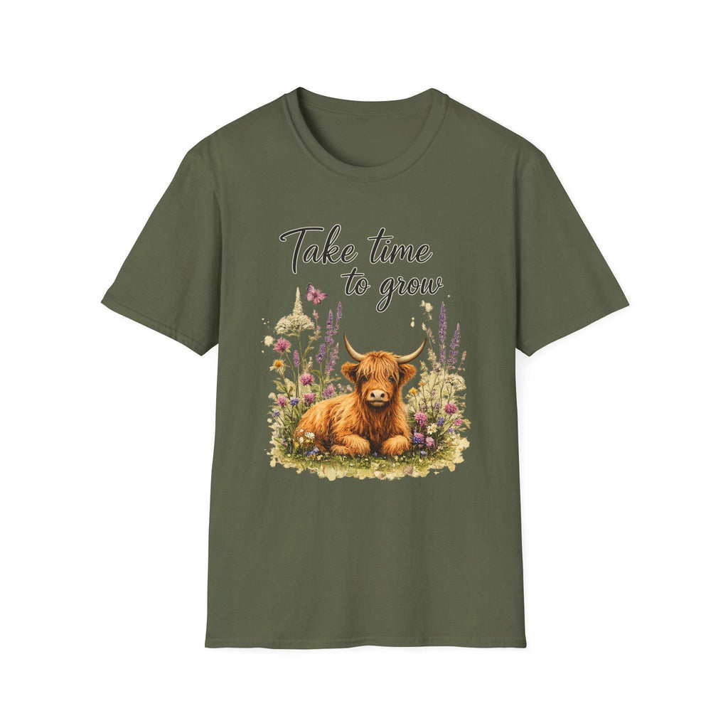 Take Time to Grow T-Shirt | Highland Cow Floral Design