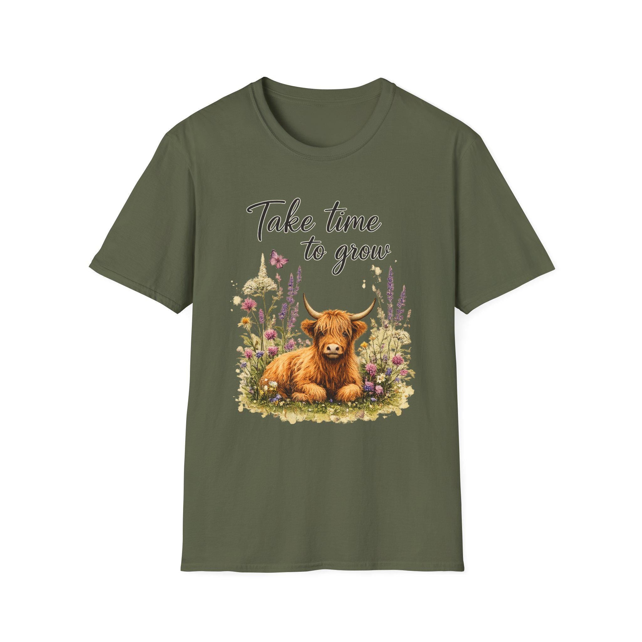 Take Time to Grow T-Shirt | Highland Cow Floral Design