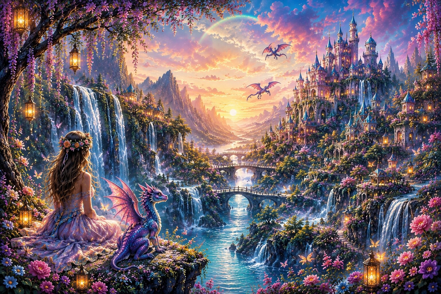 A luminous fantasy kingdom with a woman and her dragon companion